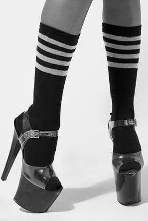 Rolling Calf High Socks - Black and White Striped-Rolling-Pole Junkie