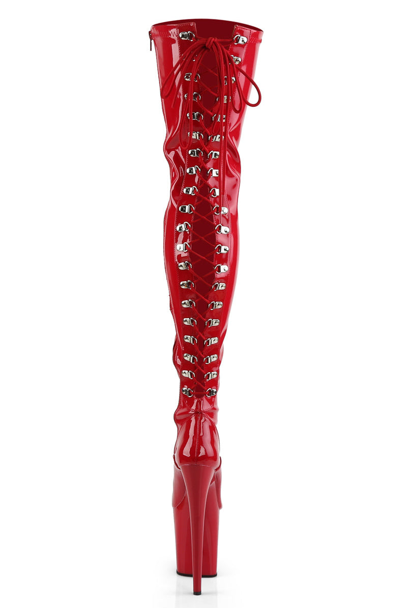 Pleaser USA Flamingo-3063 8inch Thigh High Pleaser Boots - Patent Red-Pleaser USA-Pole Junkie