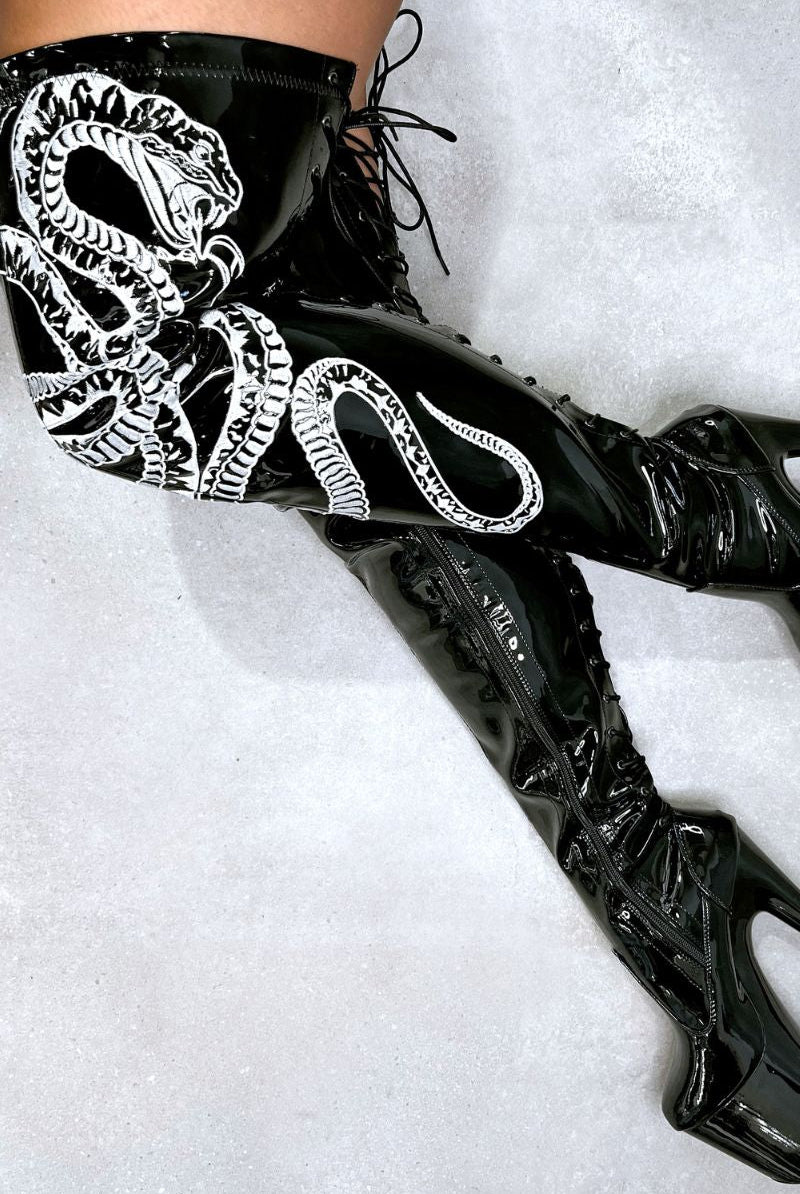 Hella Heels Thicc Thigh High 7inch Boots - Black/White Snake-Hella Heels-Pole Junkie