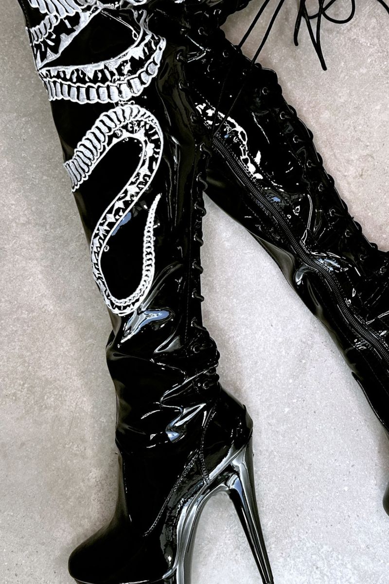 Hella Heels Viper Thigh High 7inch Boots - Black/White Snake-Hella Heels-Pole Junkie