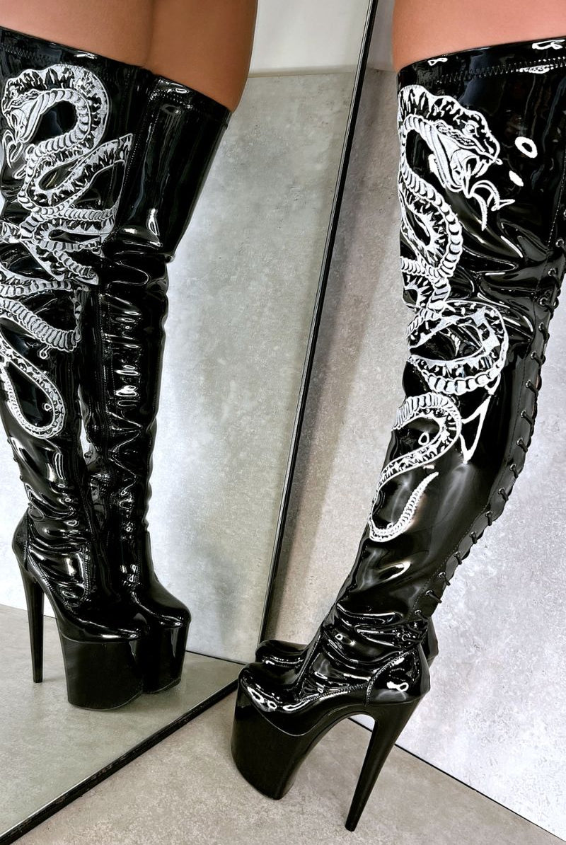 Hella Heels Thicc Thigh High 8inch Boots - Black/White Snake-Hella Heels-Pole Junkie