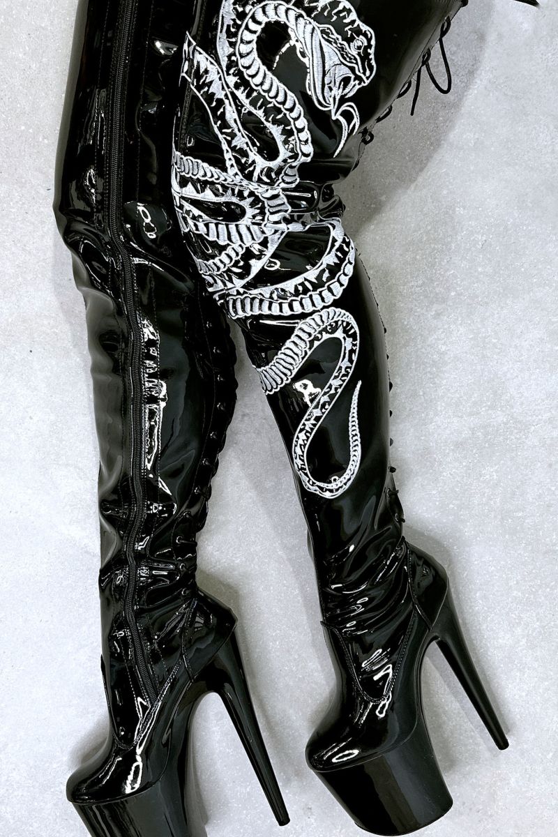 Hella Heels Thicc Thigh High 8inch Boots - Black/White Snake-Hella Heels-Pole Junkie