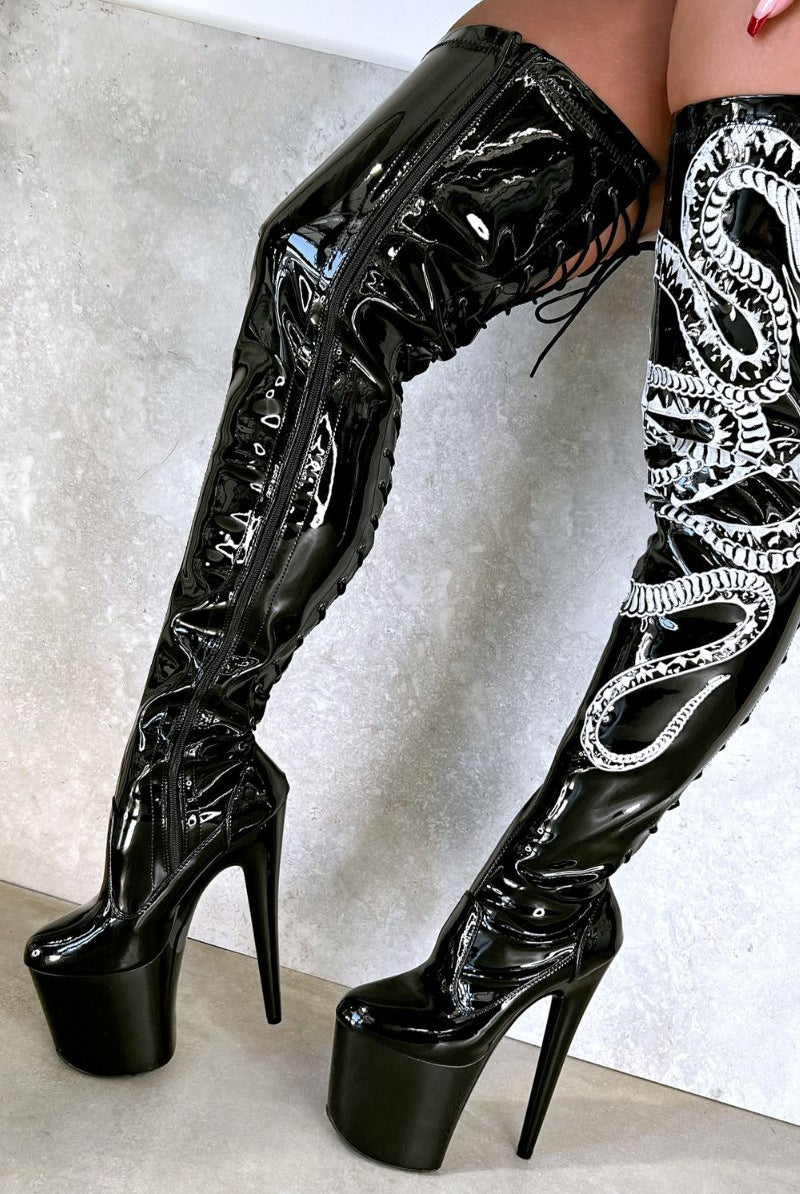 Hella Heels Thicc Thigh High 8inch Boots - Black/White Snake-Hella Heels-Pole Junkie