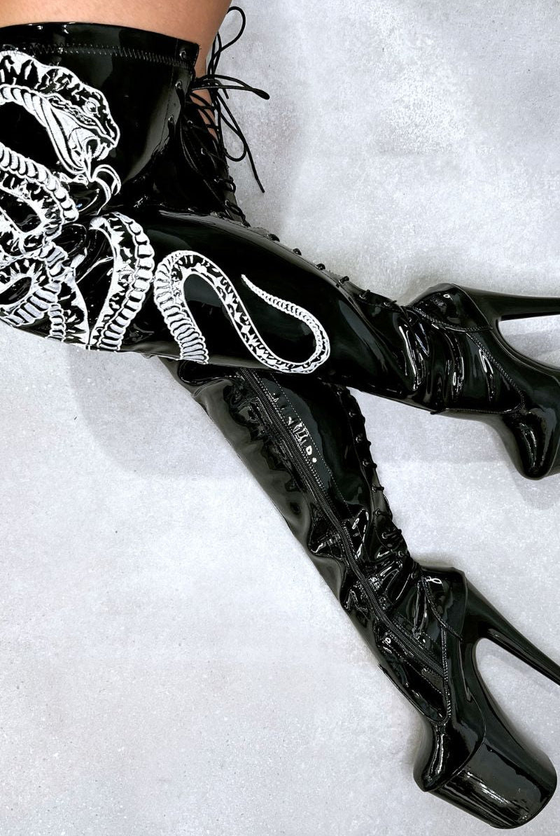 Hella Heels Thicc Thigh High 8inch Boots - Black/White Snake-Hella Heels-Pole Junkie