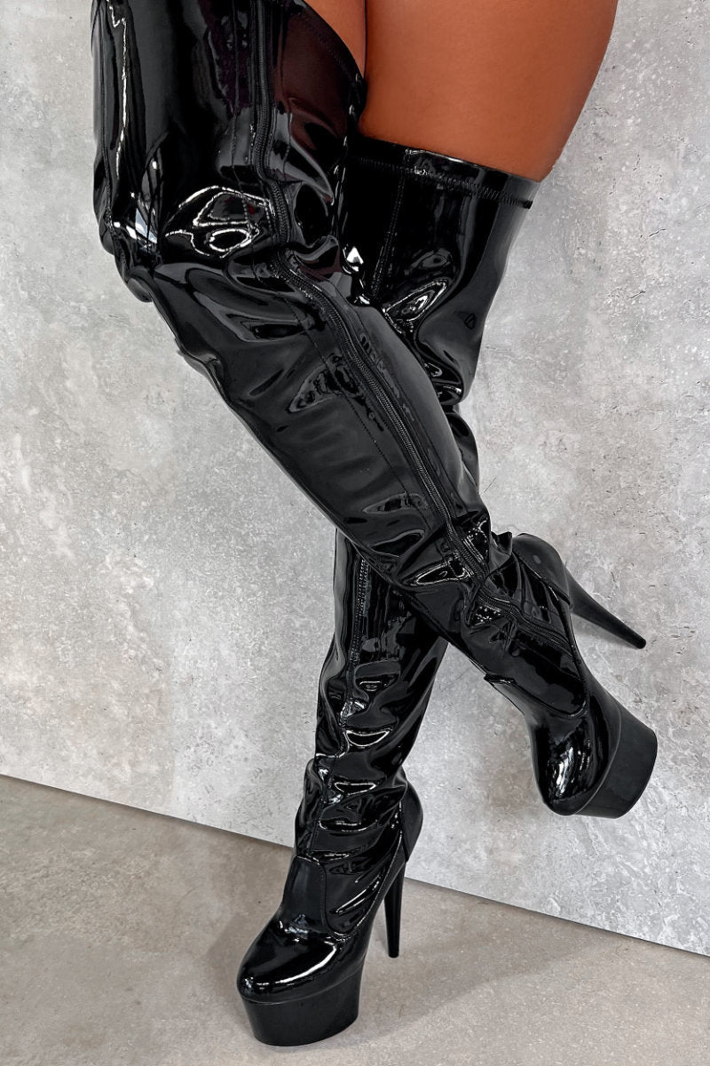 Hella Heels LipKit Thicc Thigh High 7inch Boots - Black Beatle-Hella Heels-Pole Junkie