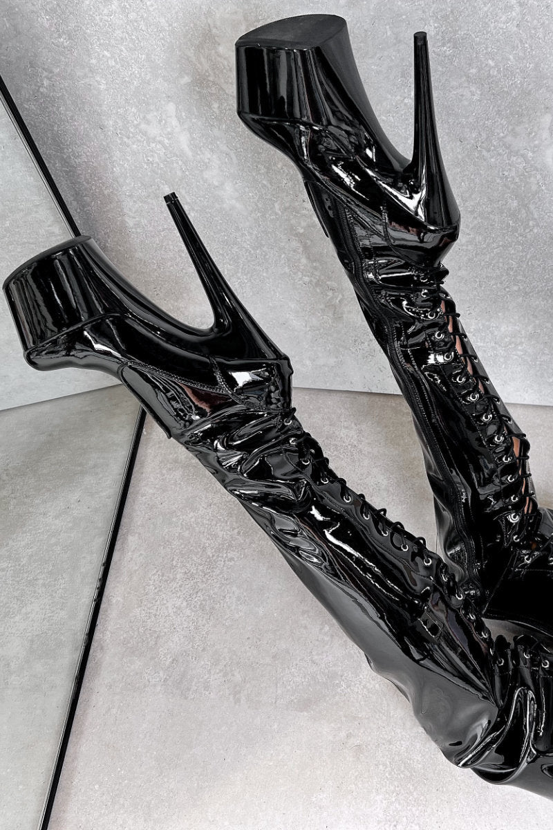 Hella Heels LipKit Thigh High 7inch Boots - Black Beatle-Hella Heels-Pole Junkie