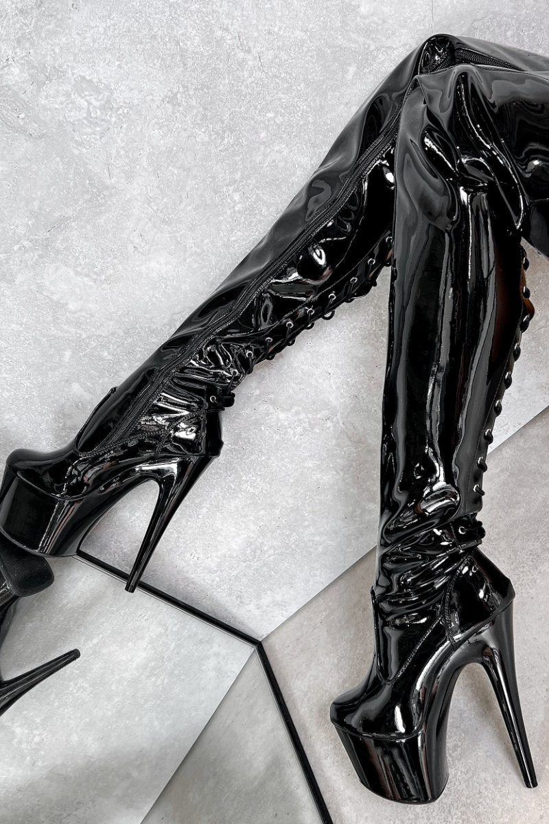 Hella Heels LipKit Thigh High 7inch Boots - Black Beatle-Hella Heels-Pole Junkie