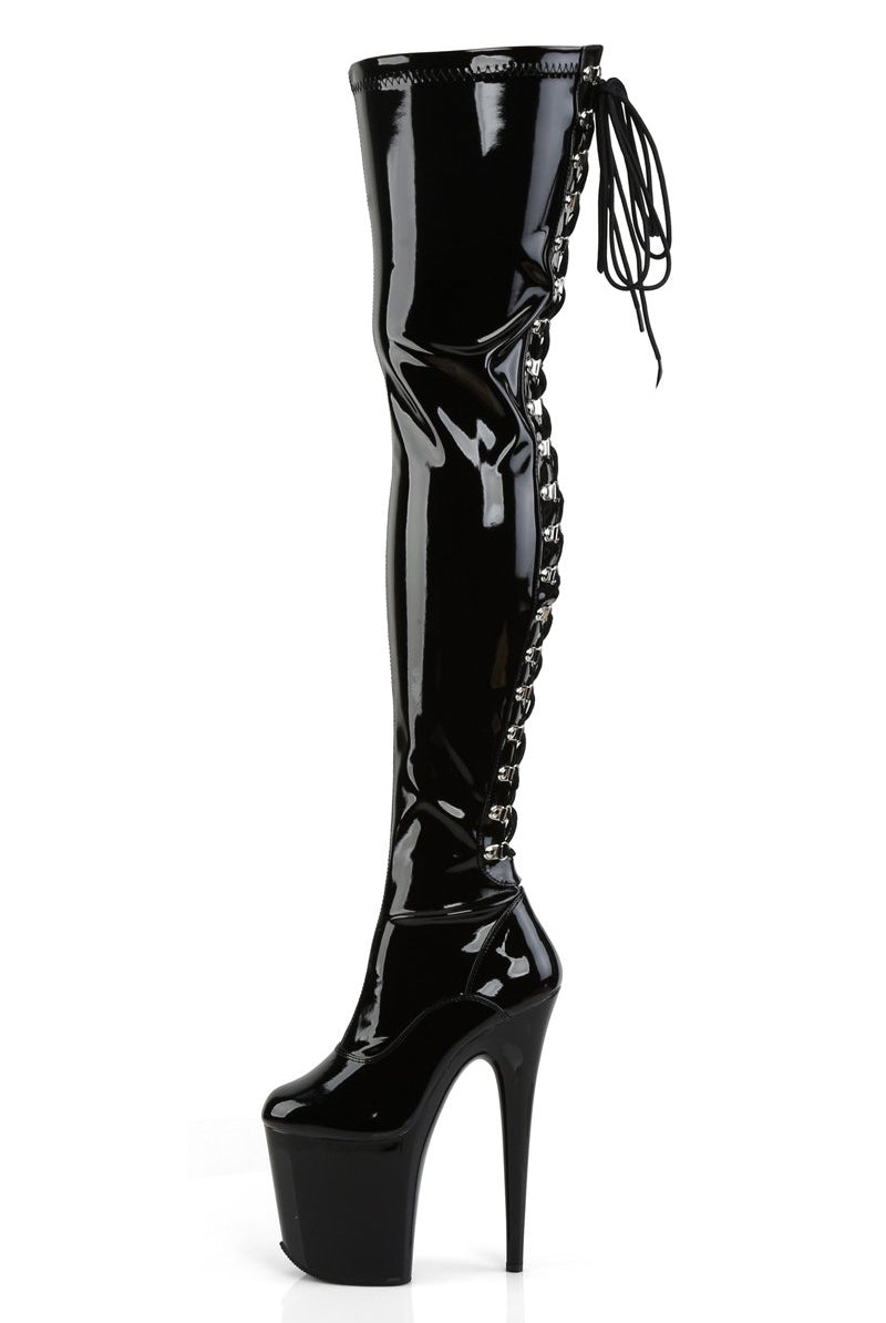 Pleaser USA Flamingo 3063 8inch Thigh High Pleaser Boots - Patent Black-Pleaser USA-Pole Junkie