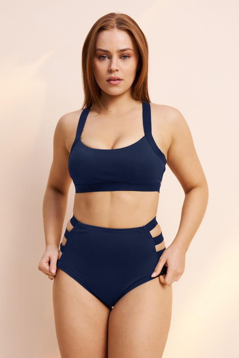 Lunalae Clover Side Strap High Waist Bottoms - Navy