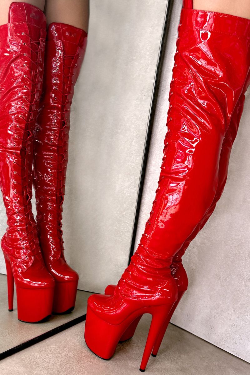 Hella Heels LipKit Thigh High Front Lace 8inch Boots - Cherry Pie