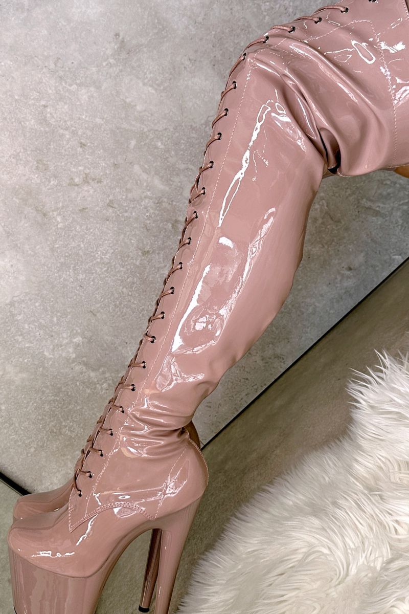 Hella Heels LipKit Thigh High Front Lace 8inch Boots - Boujee