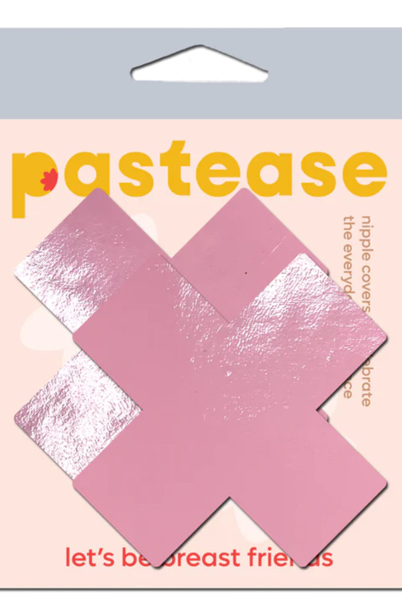 Pastease Patent Leather Fetish Vinyl Cross Nipple Pasties - Baby Pink