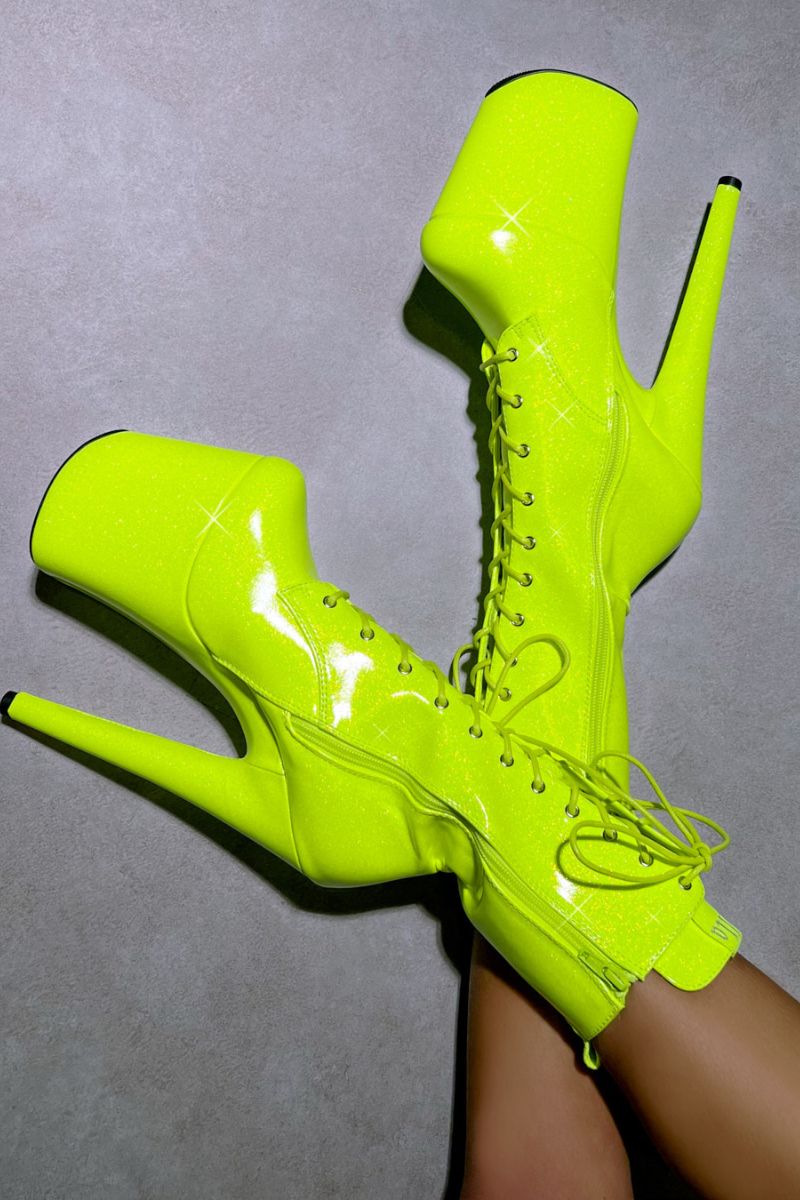 Hella Heels The Glitterati 8inch Boots - Citrus Yellow Burst