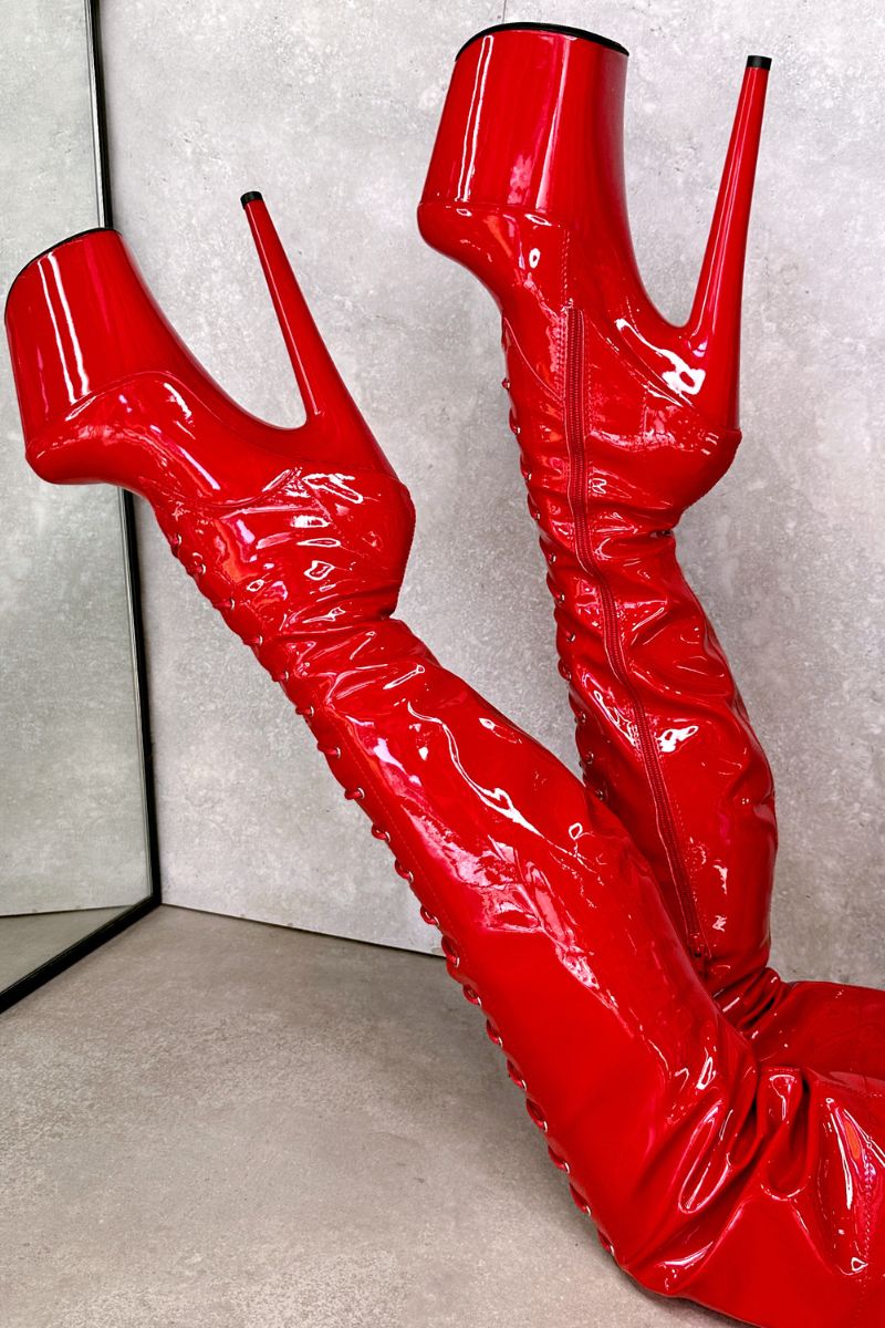 Hella Heels LipKit Thigh High Front Lace 8inch Boots Cherry Pie