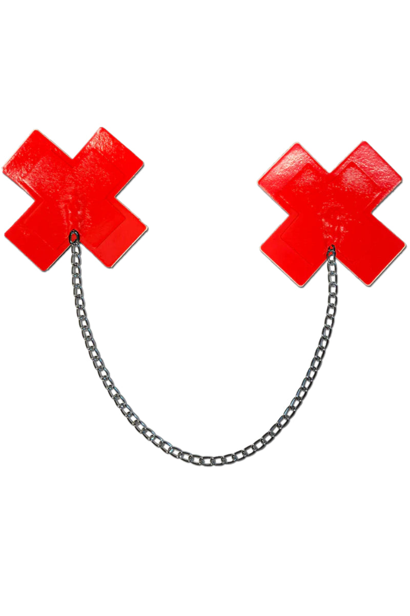 Pastease Patent Leather Fetish Cross with Chunky Silver Chain Nipple Pasties - Red