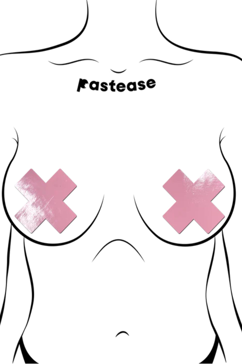 Pastease Patent Leather Fetish Vinyl Cross Nipple Pasties - Baby Pink