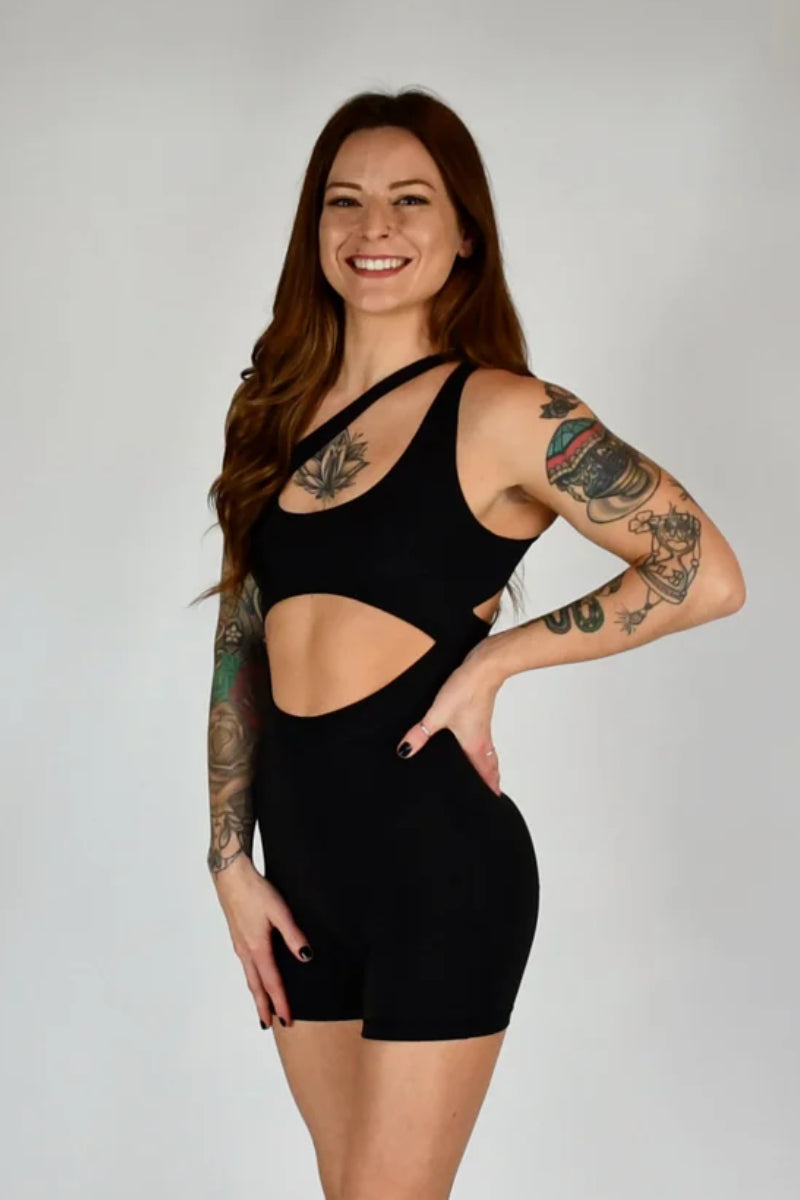 Olra Activewear Aurora One Shoulder Unitard Playsuit - Black