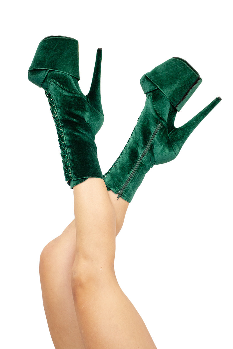 Pleaser USA Flamingo-1045VEL 8inch Pleaser Boots + Protectors - Emerald Green Velvet