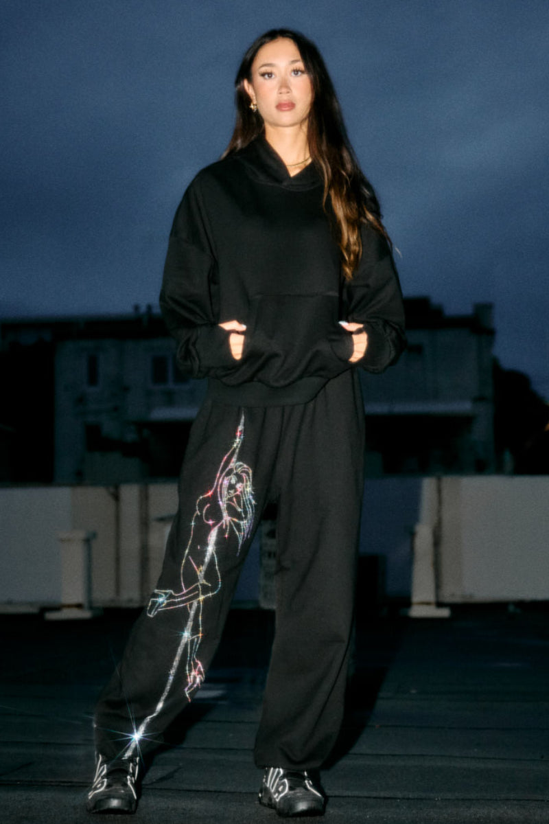 CXIX Anime Pole Dancer Sweatpants - Black Rainbow Rhinestone