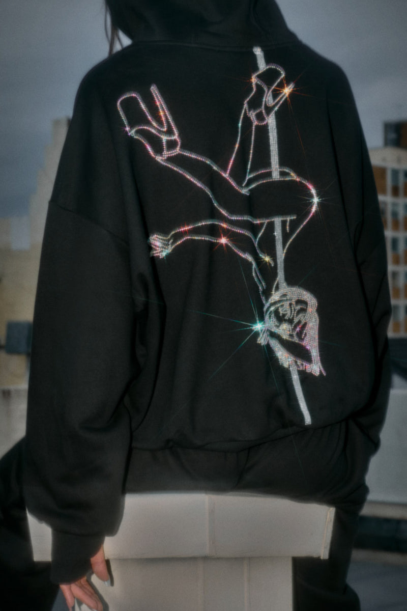 CXIX Anime Pole Dancer Hoodie - Black Rainbow Rhinestone