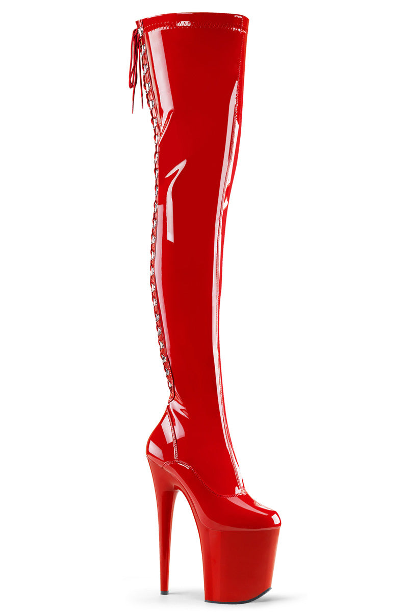 Pleaser USA Flamingo-3063 8inch Thigh High Pleaser Boots - Patent Red-Pleaser USA-Pole Junkie