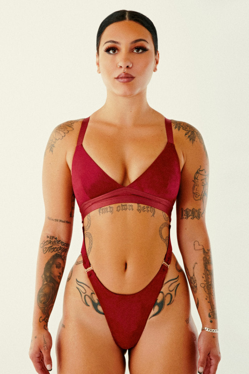 CXIX Aphrodite Bodysuit - Maroon Suede-Creatures of XIX-Pole Junkie