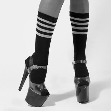 Rolling Calf High Socks - Black and White Striped-Rolling-Pole Junkie