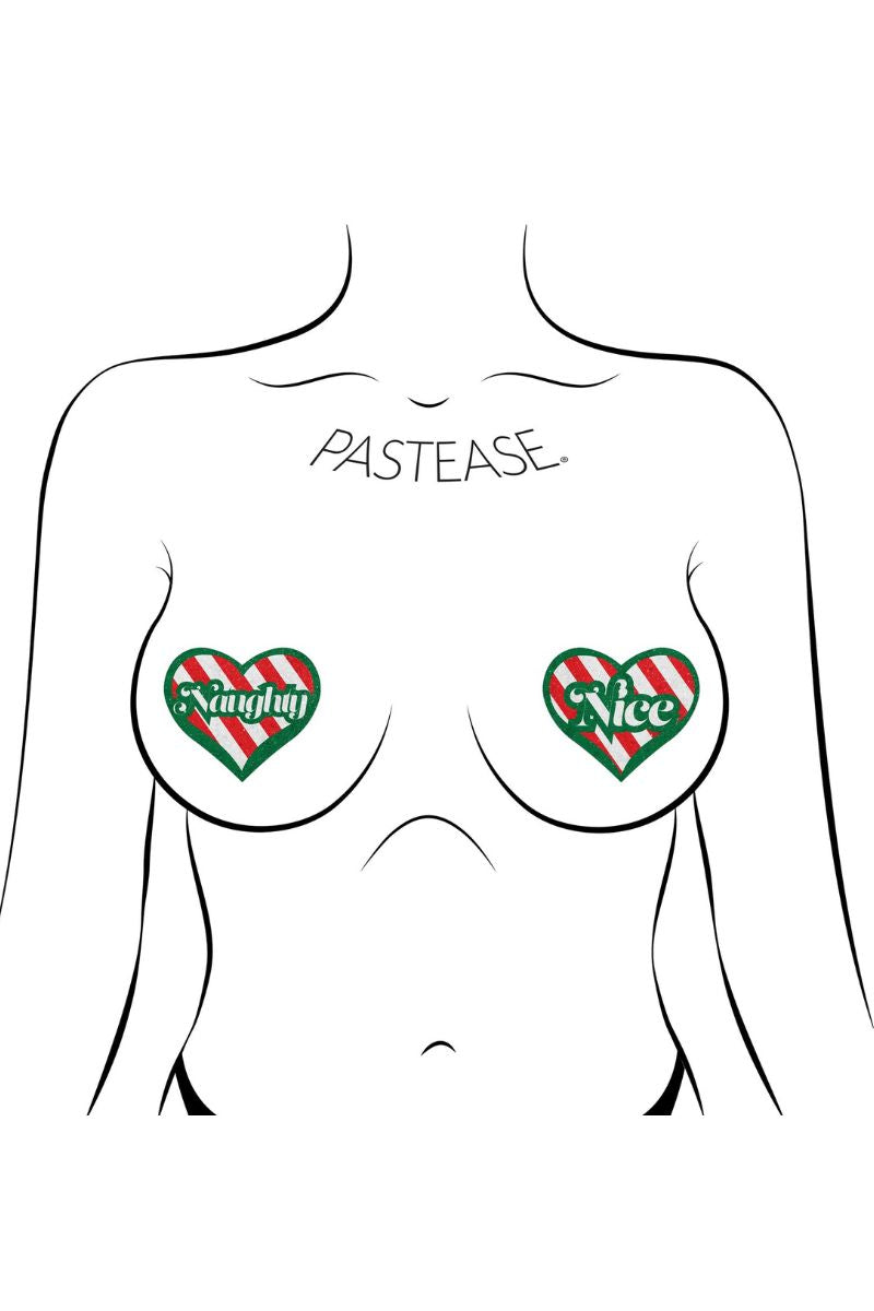 Pastease Velvet Naughty and Nice Heart Nipple Pasties - Red/Green