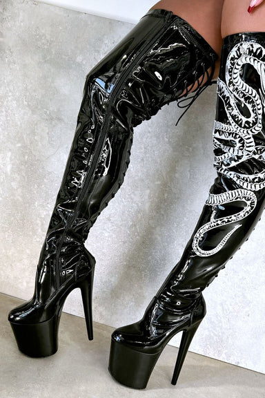 Hella Heels Thicc Thigh High 8inch Boots - Black/White Snake-Hella Heels-Pole Junkie