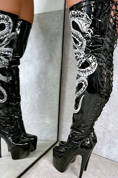 Hella Heels Thicc Thigh High 7inch Boots - Black/White Snake-Hella Heels-Pole Junkie