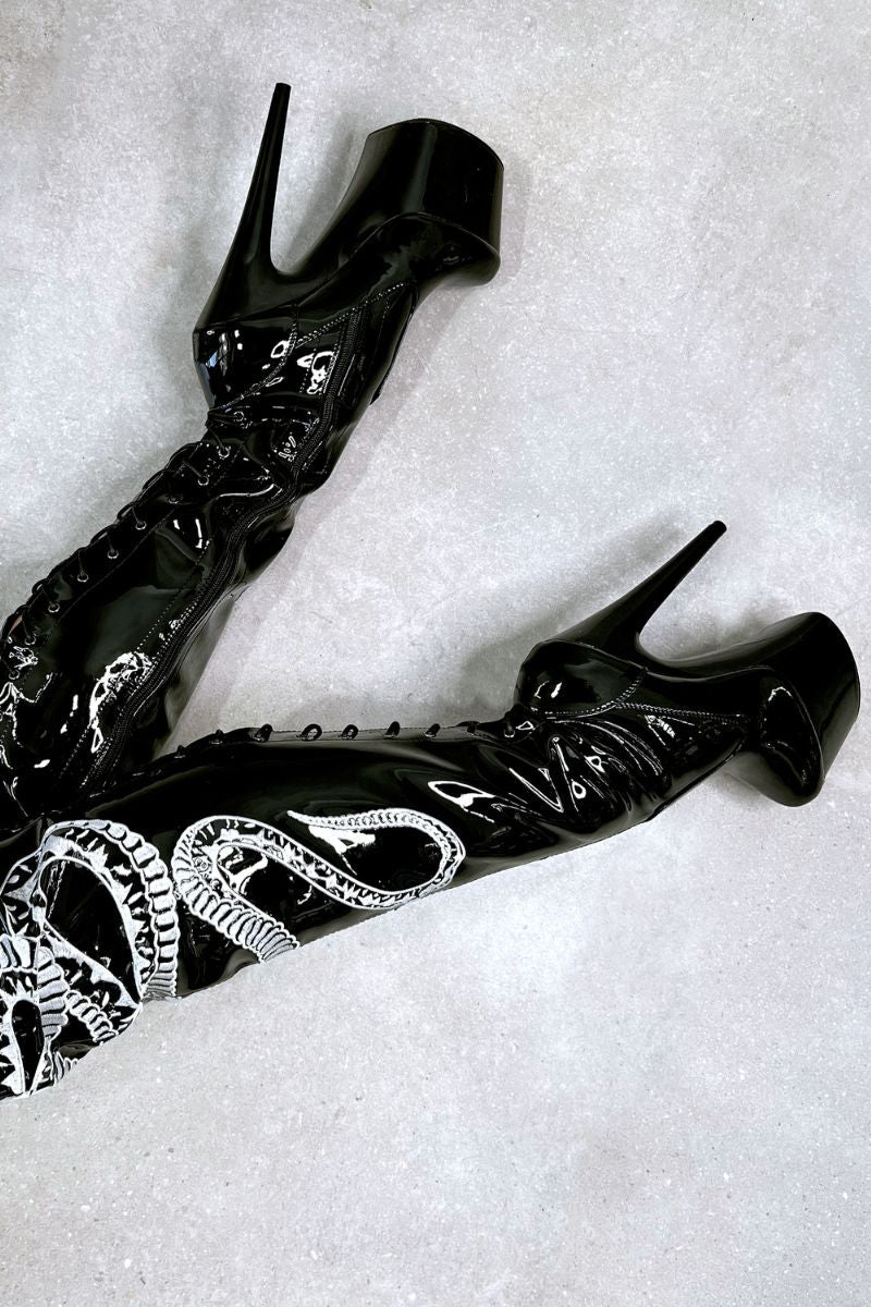 Hella Heels Thicc Thigh High 7inch Boots - Black/White Snake-Hella Heels-Pole Junkie