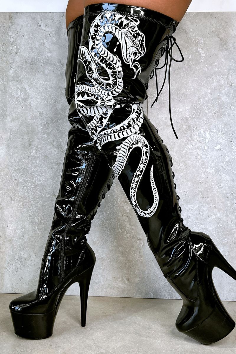 Hella Heels Thicc Thigh High 7inch Boots - Black/White Snake-Hella Heels-Pole Junkie