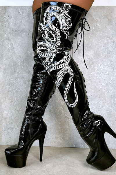 Hella Heels Viper Thicc Thigh High 7inch Boots - Black/White Snake