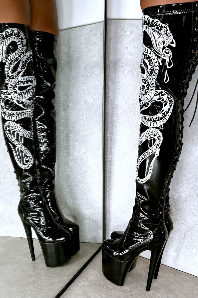 Hella Heels Viper Thigh High 8inch Boots Black/White Snake