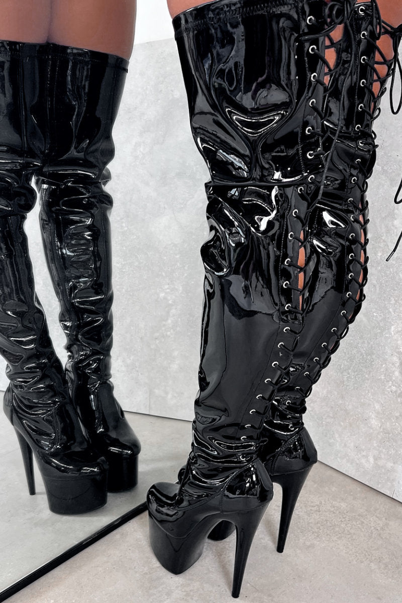Hella Heels LipKit Thicc Thigh High 7inch Boots - Black Beatle-Hella Heels-Pole Junkie