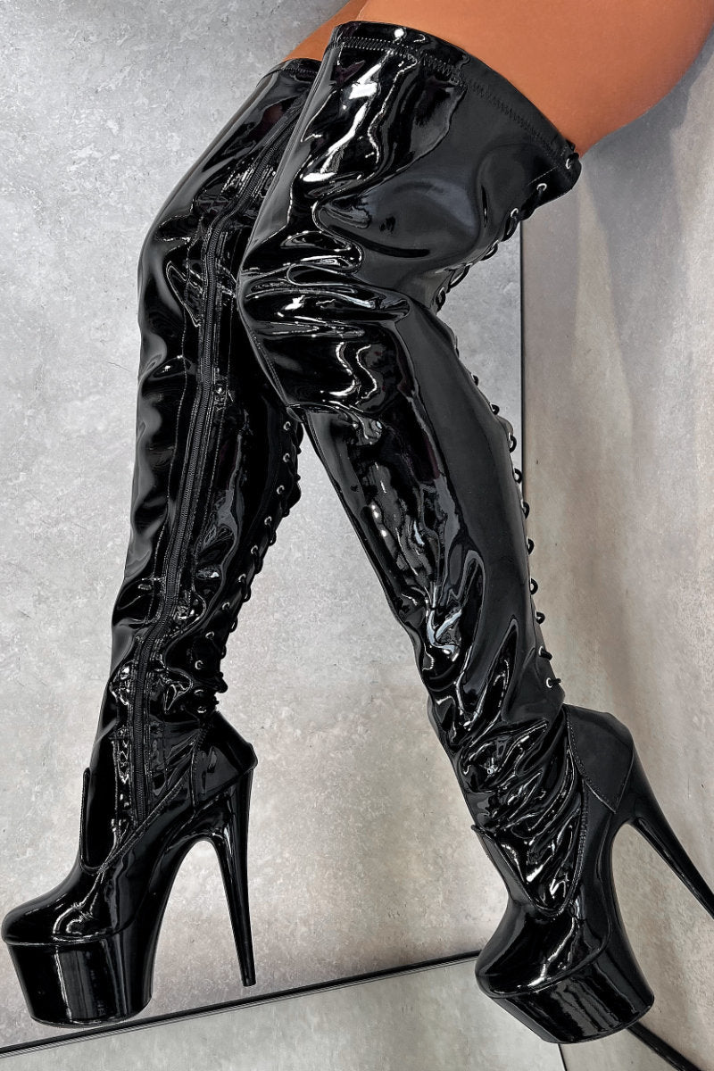 Stiletto Pvc Thigh Boots Uk Black PVC And Leather Thigh High Boots