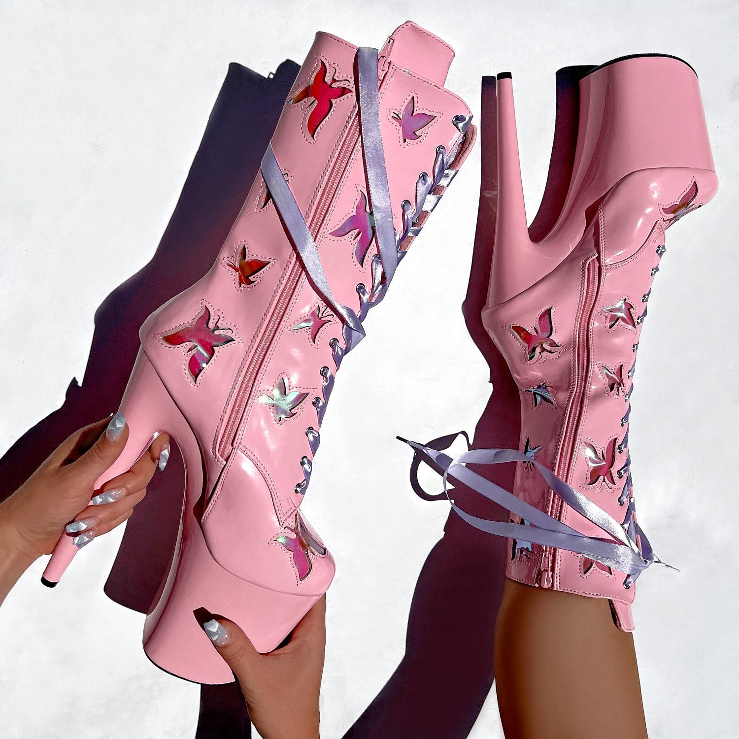 Hella Heels Butterfly 8inch Boots - Pink