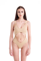 Hamade Activewear Cut Out Bodysuit - Beige-Hamade Activewear-Pole Junkie
