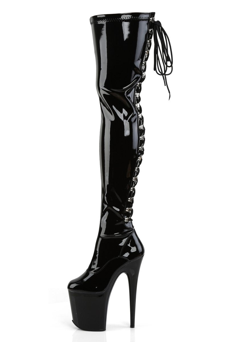 Pleaser USA Flamingo 3063 8inch Thigh High Pleaser Boots - Patent Black-Pleaser USA-Pole Junkie