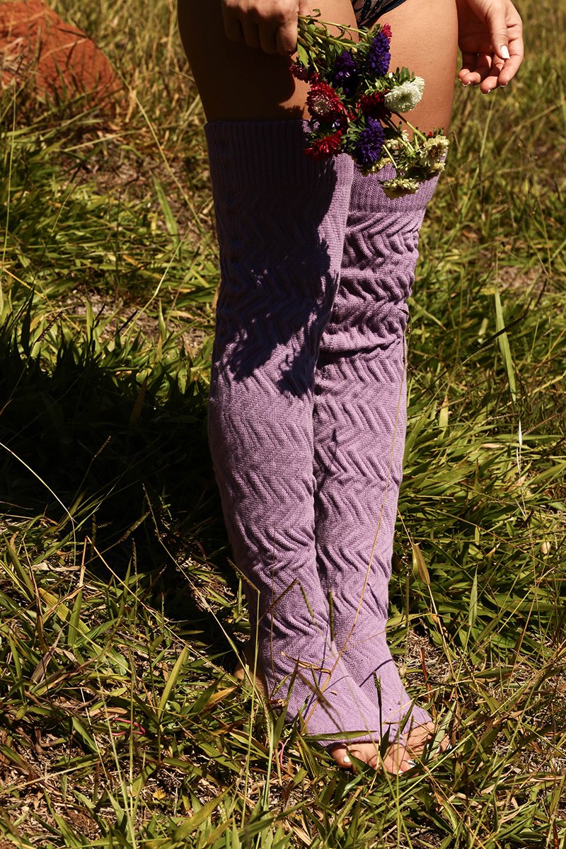 Rolling Cable Knit Thigh High Leg Warmers with Stirrups - Lavender