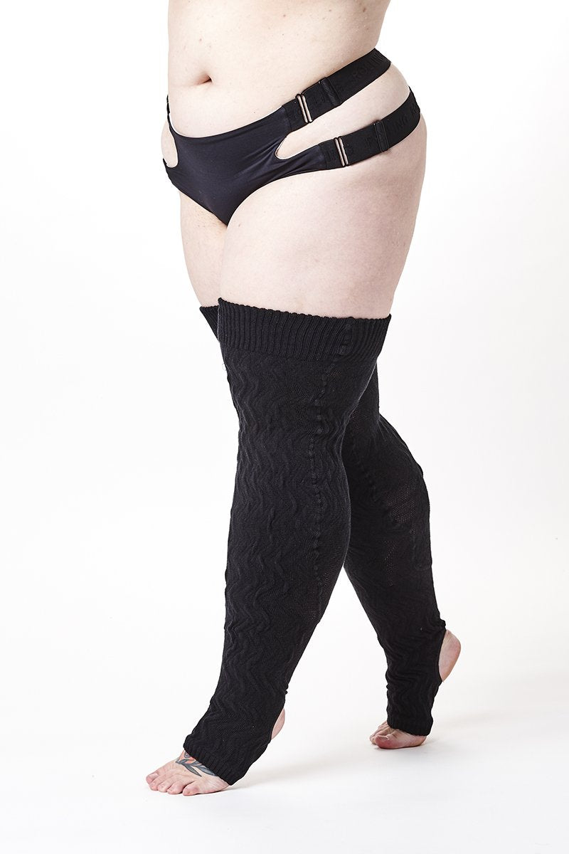 Rolling Cable Knit Thigh High Leg Warmers with Stirrups - Noir-Rolling-Pole Junkie