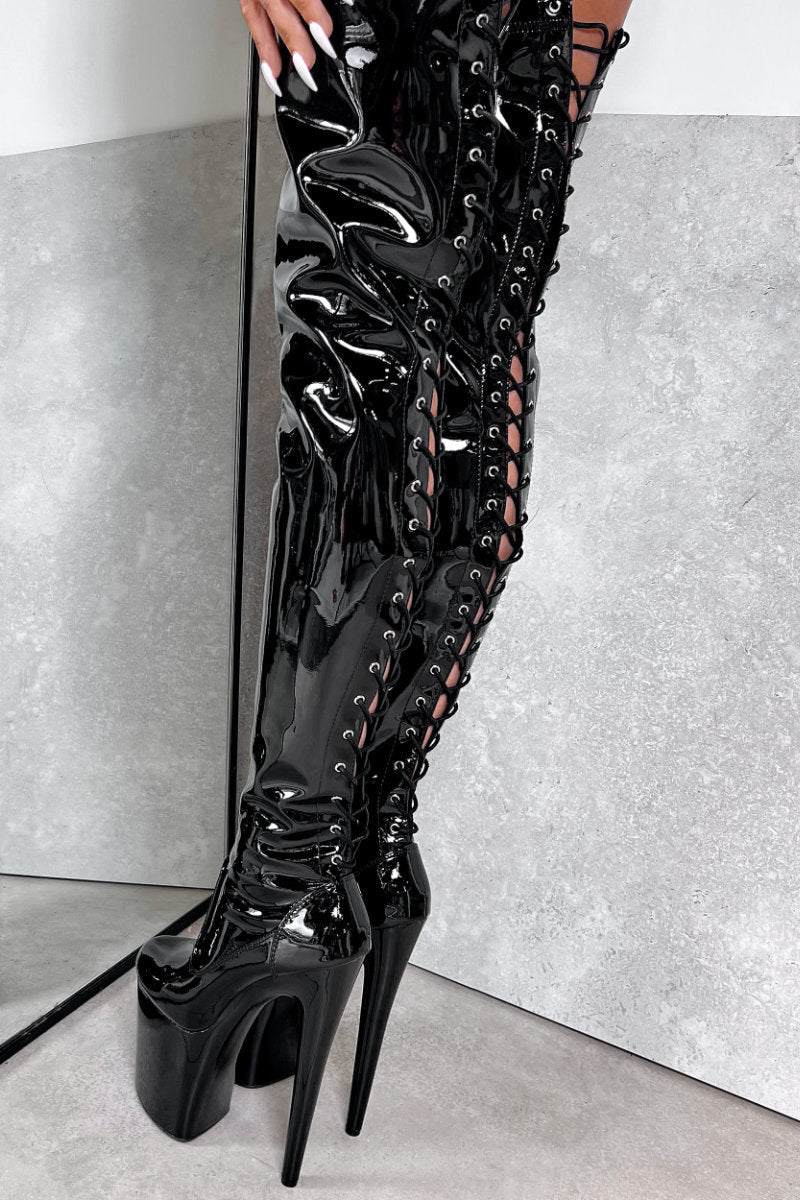 Hella Heels LipKit Thigh High 8inch Boots - Black Beatle-Hella Heels-Pole Junkie