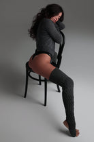 Rolling Cable Knit Thigh High Leg Warmers with Stirrups - Charcoal-Rolling-Pole Junkie