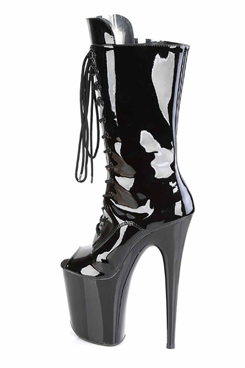 Pleaser USA Flamingo-1051 8inch Peep Toe Pleaser Boots - Patent Black-Pleaser USA-Pole Junkie