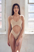 Hamade Activewear Cut Out Bodysuit - Beige-Hamade Activewear-Pole Junkie