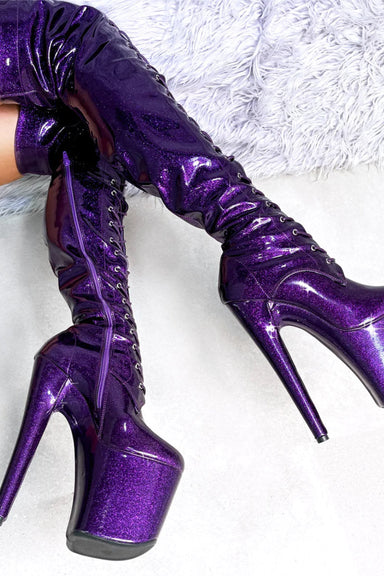 Hella Heels The Glitterati Thigh High 8inch Boots - Purple Rain-Hella Heels-Pole Junkie