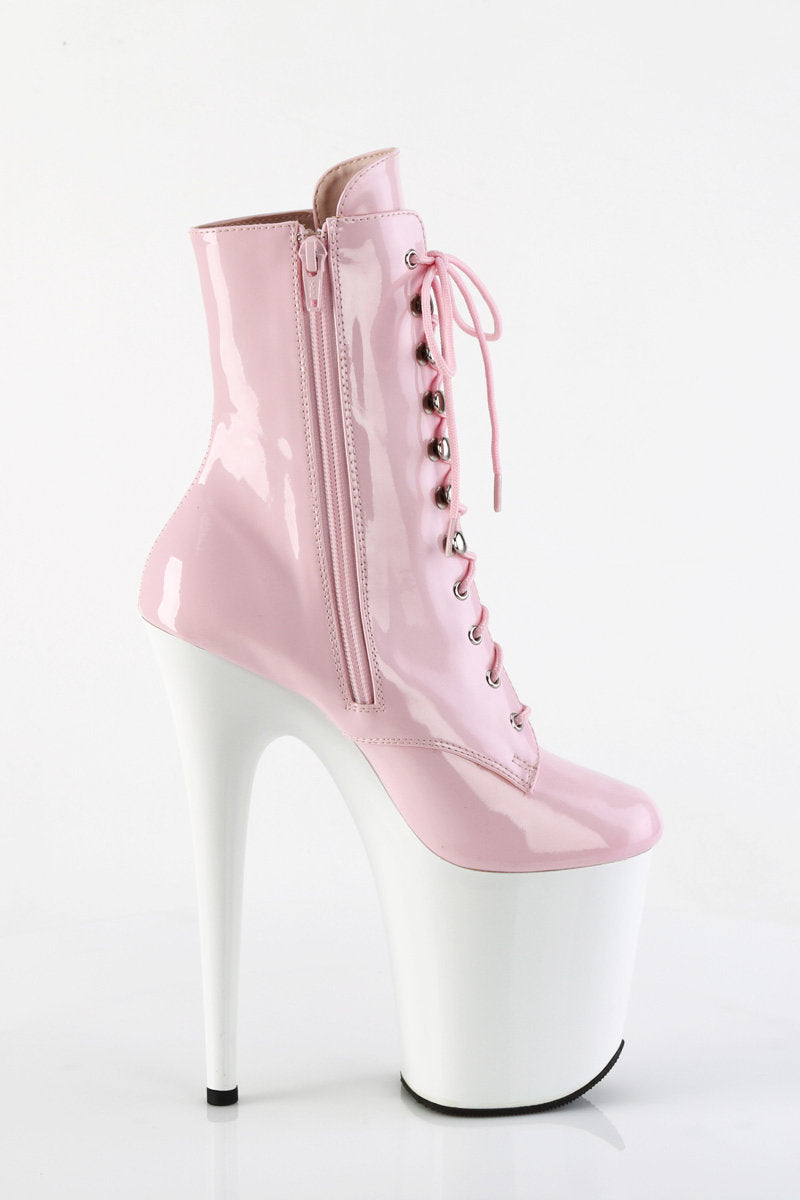 Pleaser USA Flamingo-1020 8inch Pleaser Boots - Patent Baby Pink/White