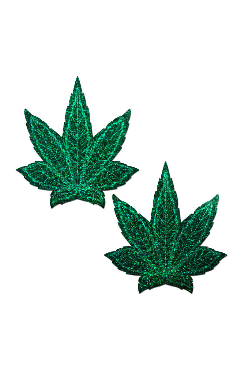 Pastease Indica Pot Leaf Nipple Pasties - Green Glitter
